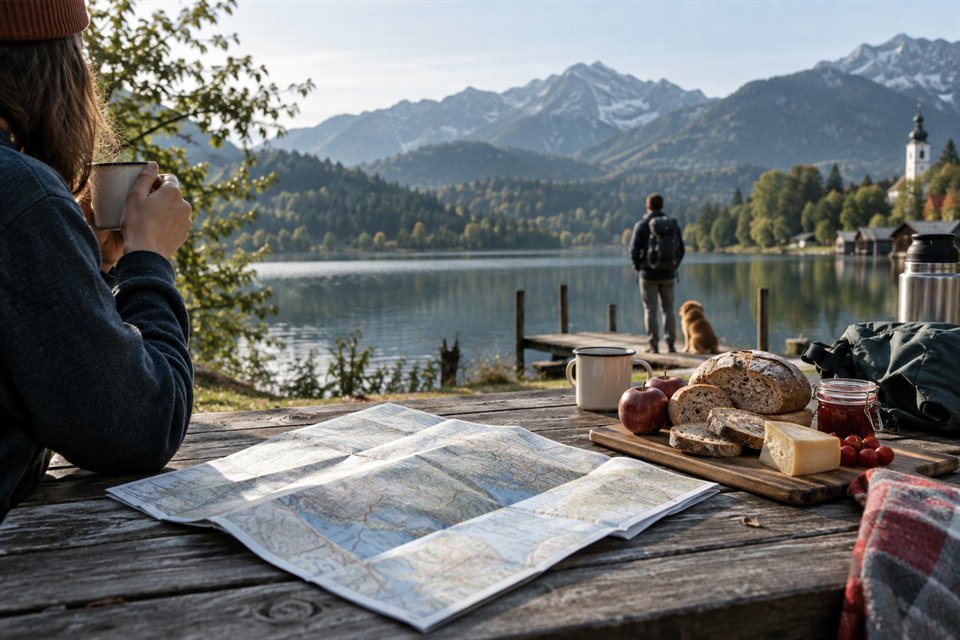 Ein Frühstück und eine Karte am ruhigen See