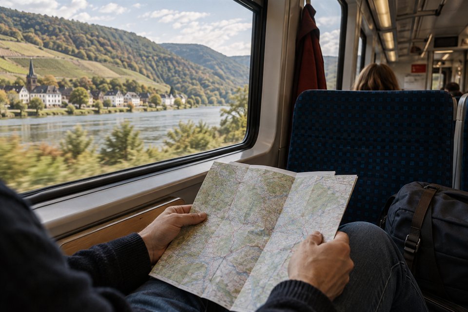 Blick aus dem Regionalzug mit Routennotiz in der Hand