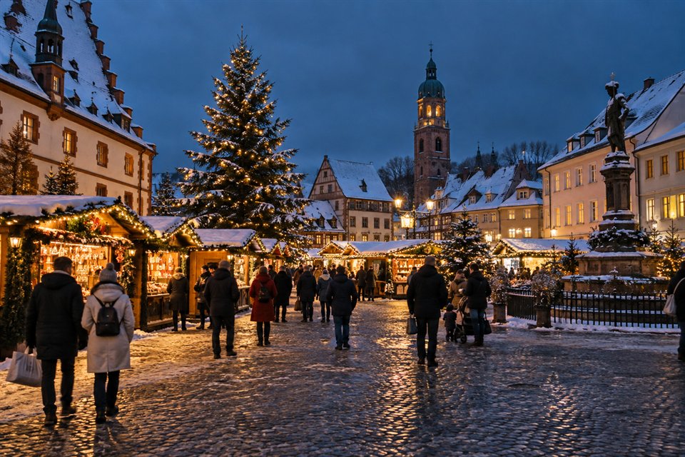 Winterlicher Marktplatz am frühen Abend